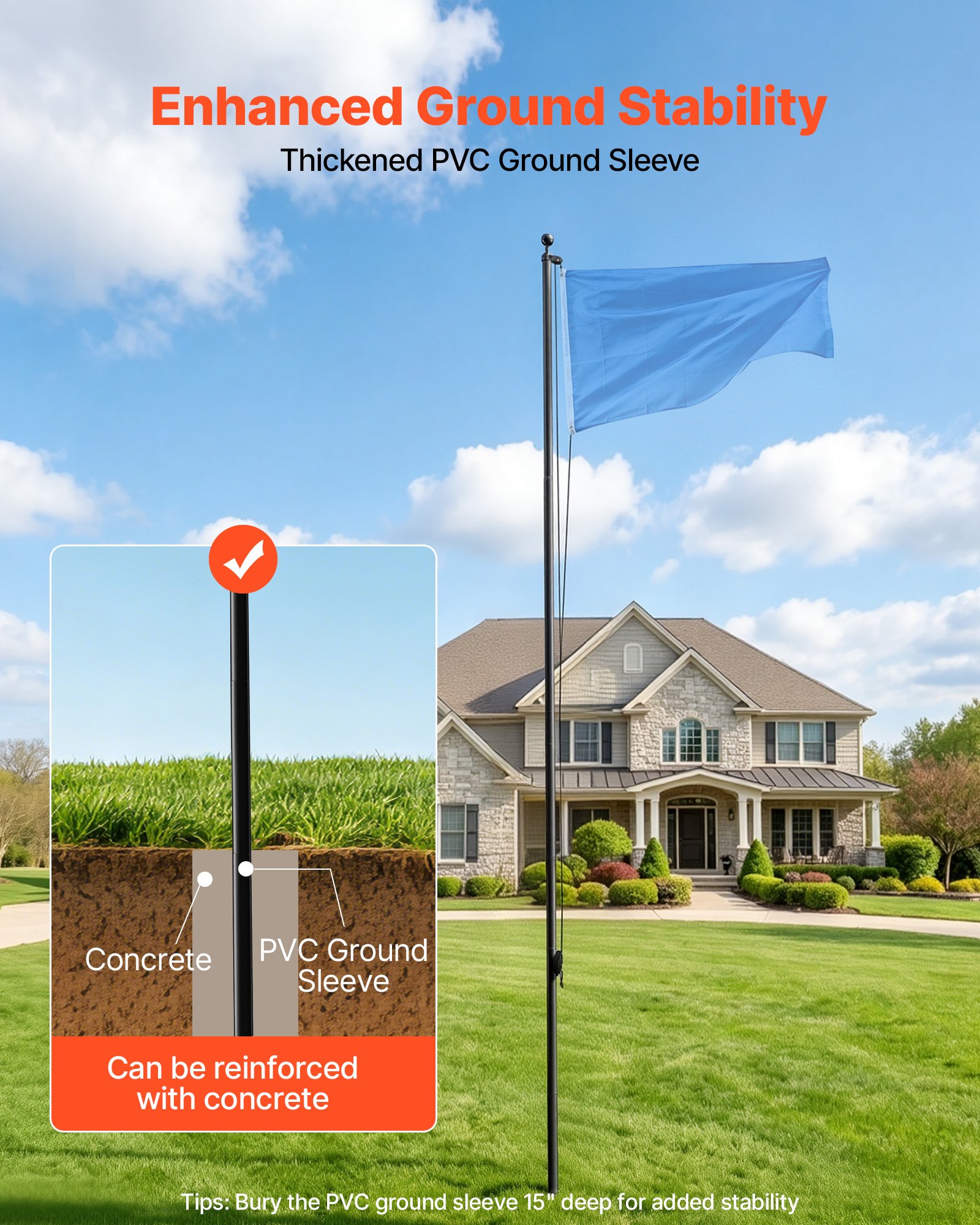 VEVOR Mástil de Bandera para Exterior, Alto de 6,09 m, Asta para Bandera de Aluminio Modular, con Base de Fijación de PVC, Kit Completo de Instalación, para Zona Residencial Comercial, Color Negro
