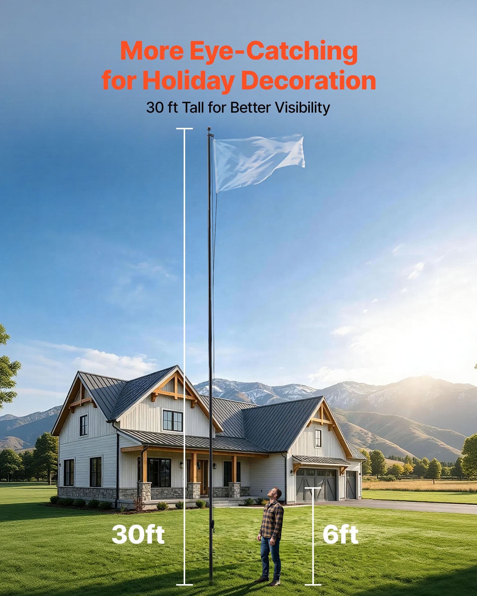 VEVOR Mástil de Bandera para Exterior 9,14 m, Asta para Bandera de Aluminio Extragrueso, Diseño Modular, con Base de Fijación Kit Completo de Montaje, para Fiesta Eventos Comercial Patio, Color Negro