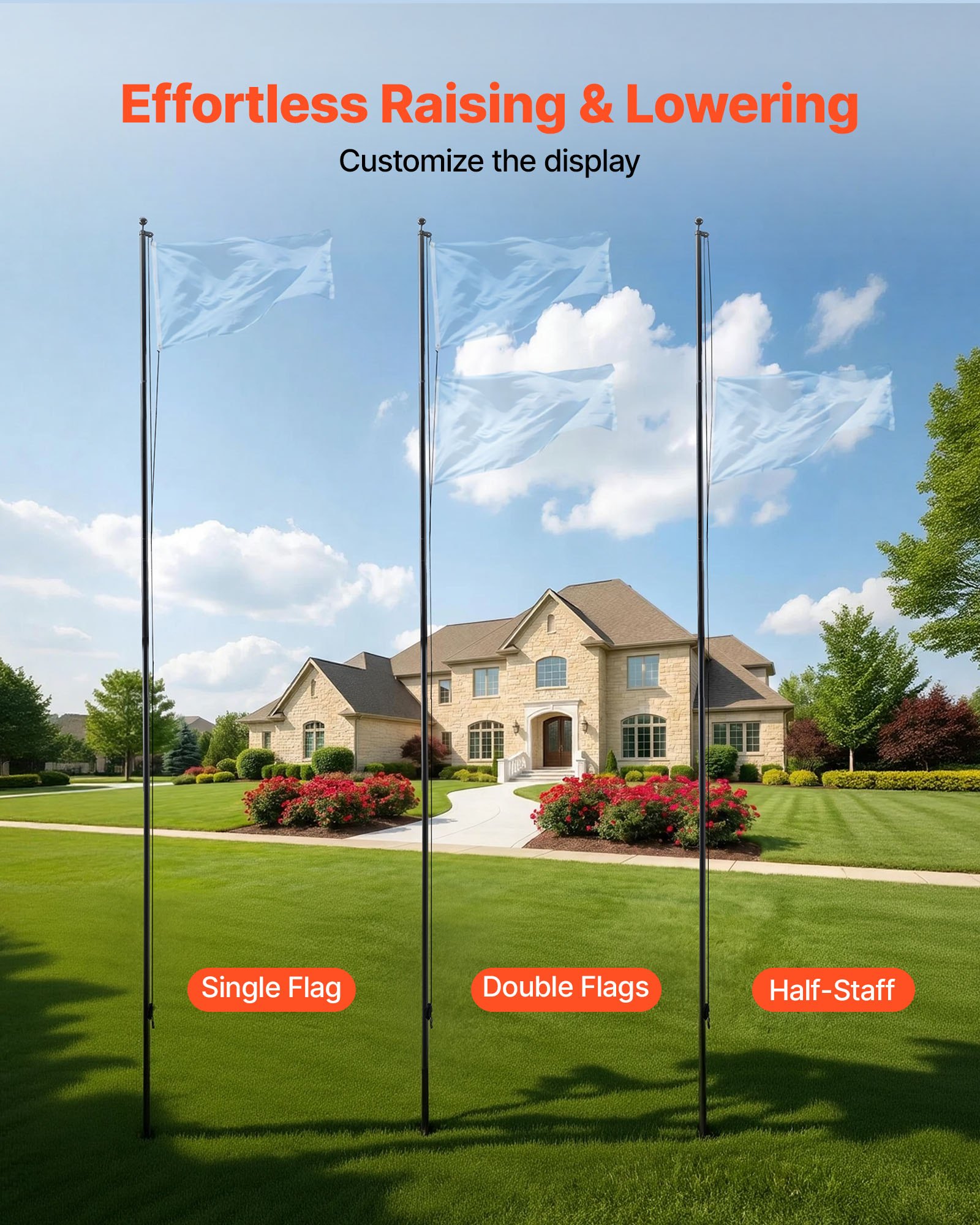 VEVOR Mástil de Bandera para Exterior 9,14 m, Asta para Bandera de Aluminio Extragrueso, Diseño Modular, con Base de Fijación Kit Completo de Montaje, para Fiesta Eventos Comercial Patio, Color Negro