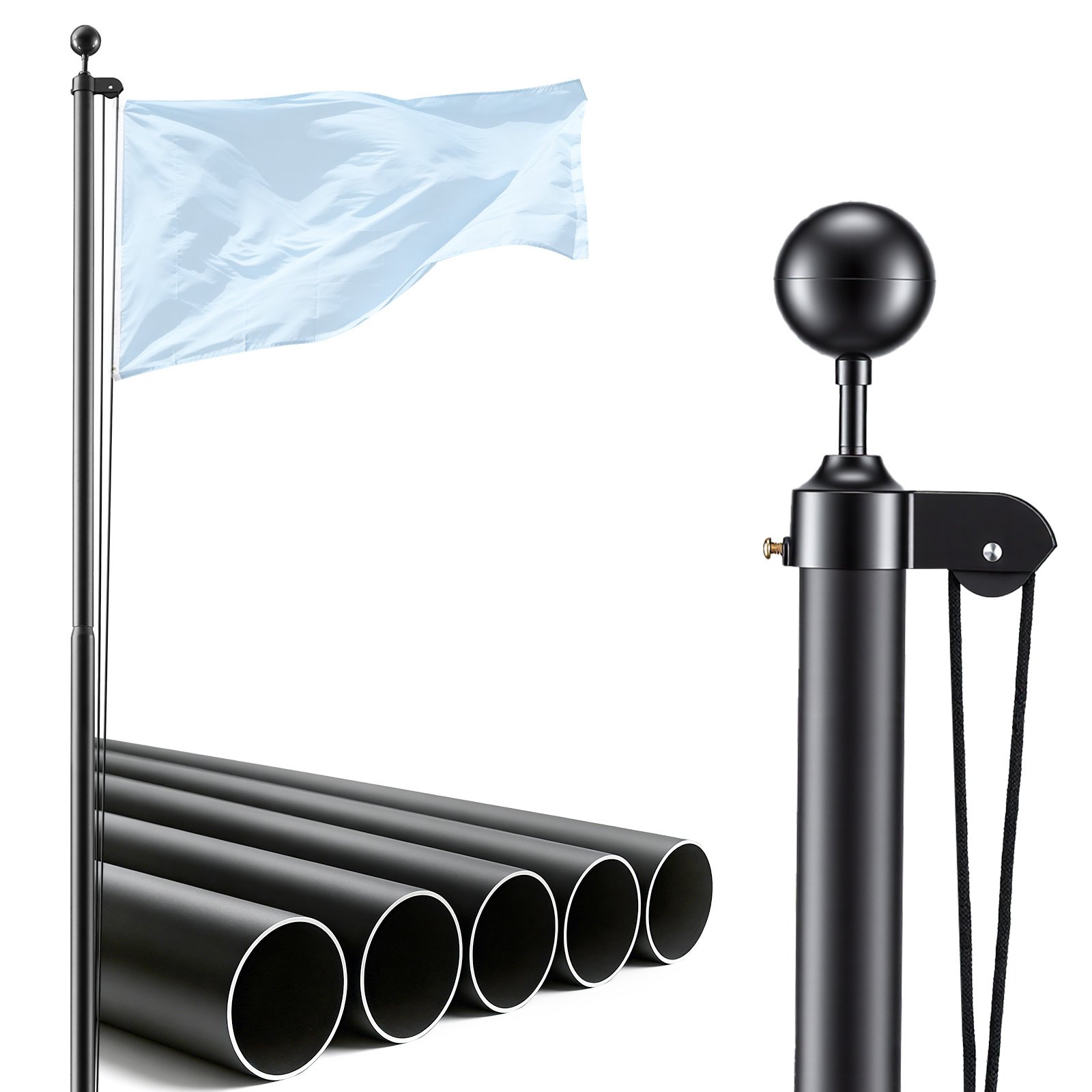 VEVOR Mástil de Bandera para Exterior 9,14 m, Asta para Bandera de Aluminio Extragrueso, Diseño Modular, con Base de Fijación Kit Completo de Montaje, para Fiesta Eventos Comercial Patio, Color Negro