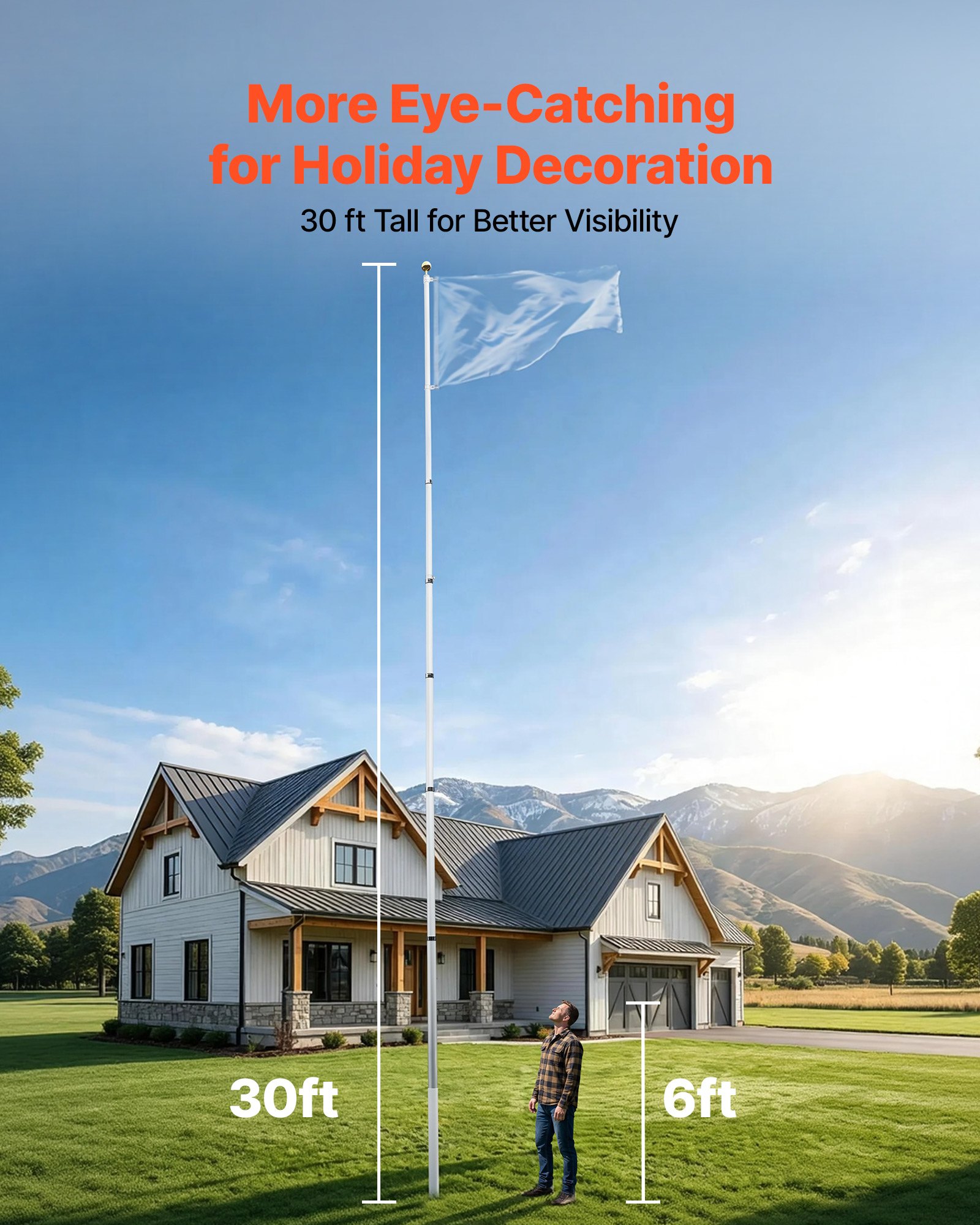VEVOR Mástil de Bandera Telescópico para Exterior 9,14 m Asta para Bandera, Tubo Grueso de Aluminio Reforzado, Kit Completo de Instalación, para Zona Residencial Comercial Eventos, Color Plateado