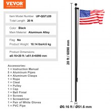 VEVOR Kit de Mástil de Bandera Desmontable 609cm de Aluminio Resistente, Negro