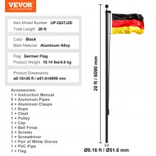 VEVOR Kit de Mástil Desmontable 609cm de Aluminio con Bandera de Alemán, Negro