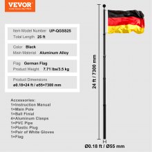 VEVOR Kit de Mástil Telescópico 730cm de Aluminio con Bandera de Alemán, Negro