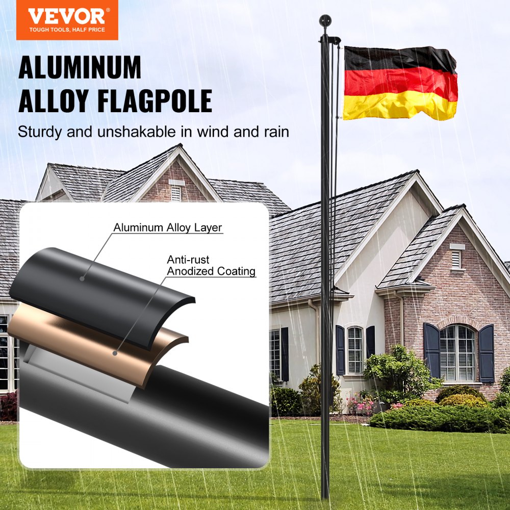 VEVOR Kit de mástil de bandera desmontable de 25 pies, kit de mástil de bandera de aleación de aluminio resistente en el suelo para exteriores, mástil de bandera de 3 modos de visualización con accesorios profesionales, bandera alemana, negro