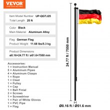VEVOR Kit de Mástil Desmontable 755cm de Aluminio con Bandera de Alemán, Negro