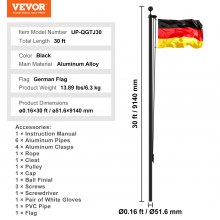 VEVOR Kit de Mástil Desmontable 914cm de Aluminio con Bandera de Alemán, Negro
