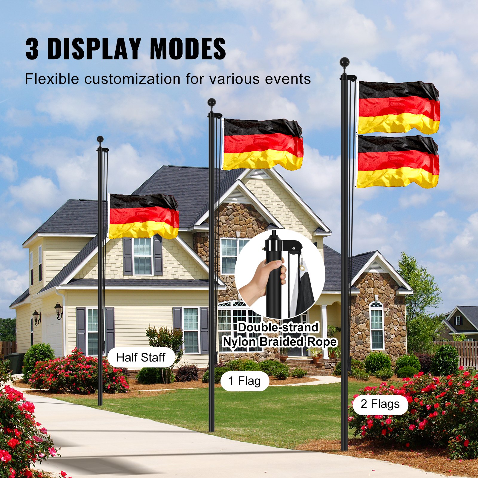 VEVOR Kit de mástil de bandera desmontable de 30 pies, kit de mástil de bandera de aleación de aluminio resistente en el suelo para exteriores, mástil de bandera de 3 modos de visualización con accesorios profesionales, bandera alemana, negro