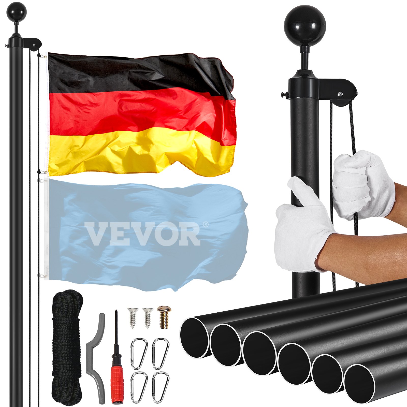 VEVOR Kit de mástil de bandera desmontable de 30 pies, kit de mástil de bandera de aleación de aluminio resistente en el suelo para exteriores, mástil de bandera de 3 modos de visualización con accesorios profesionales, bandera alemana, negro
