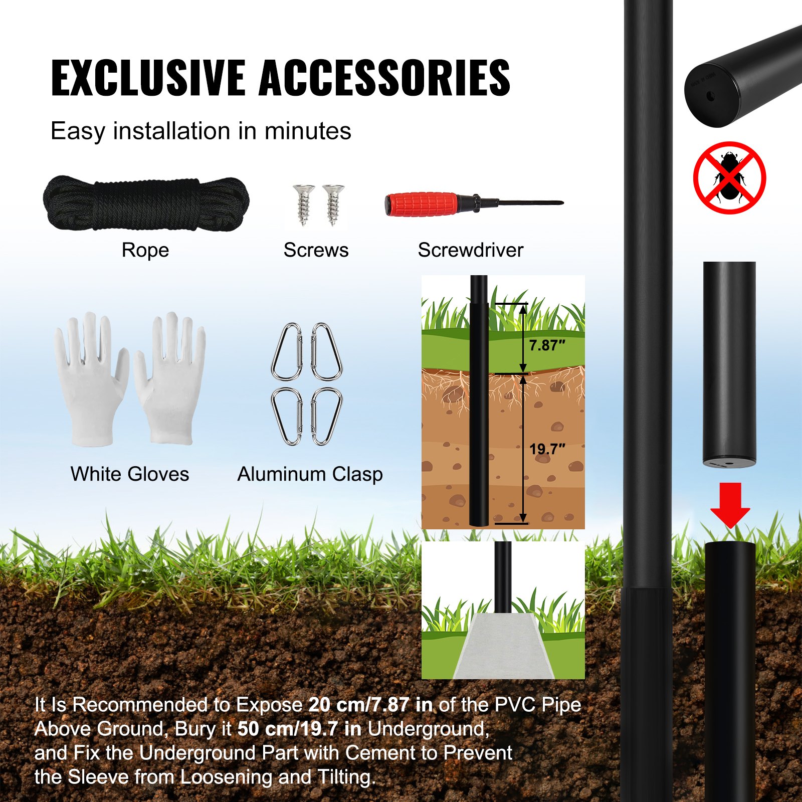 VEVOR Kit de mástil de bandera desmontable de 30 pies, kit de mástil de bandera de aleación de aluminio resistente en el suelo para exteriores, mástil de bandera de 3 modos de visualización con accesorios profesionales, negro