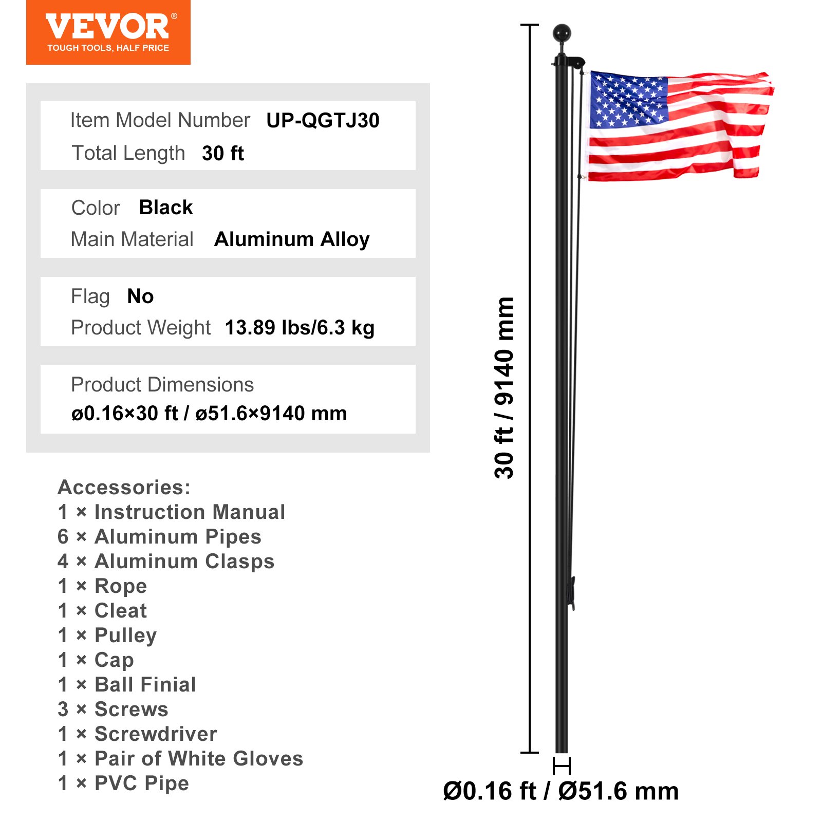 VEVOR Kit de mástil de bandera desmontable de 30 pies, kit de mástil de bandera de aleación de aluminio resistente en el suelo para exteriores, mástil de bandera de 3 modos de visualización con accesorios profesionales, negro