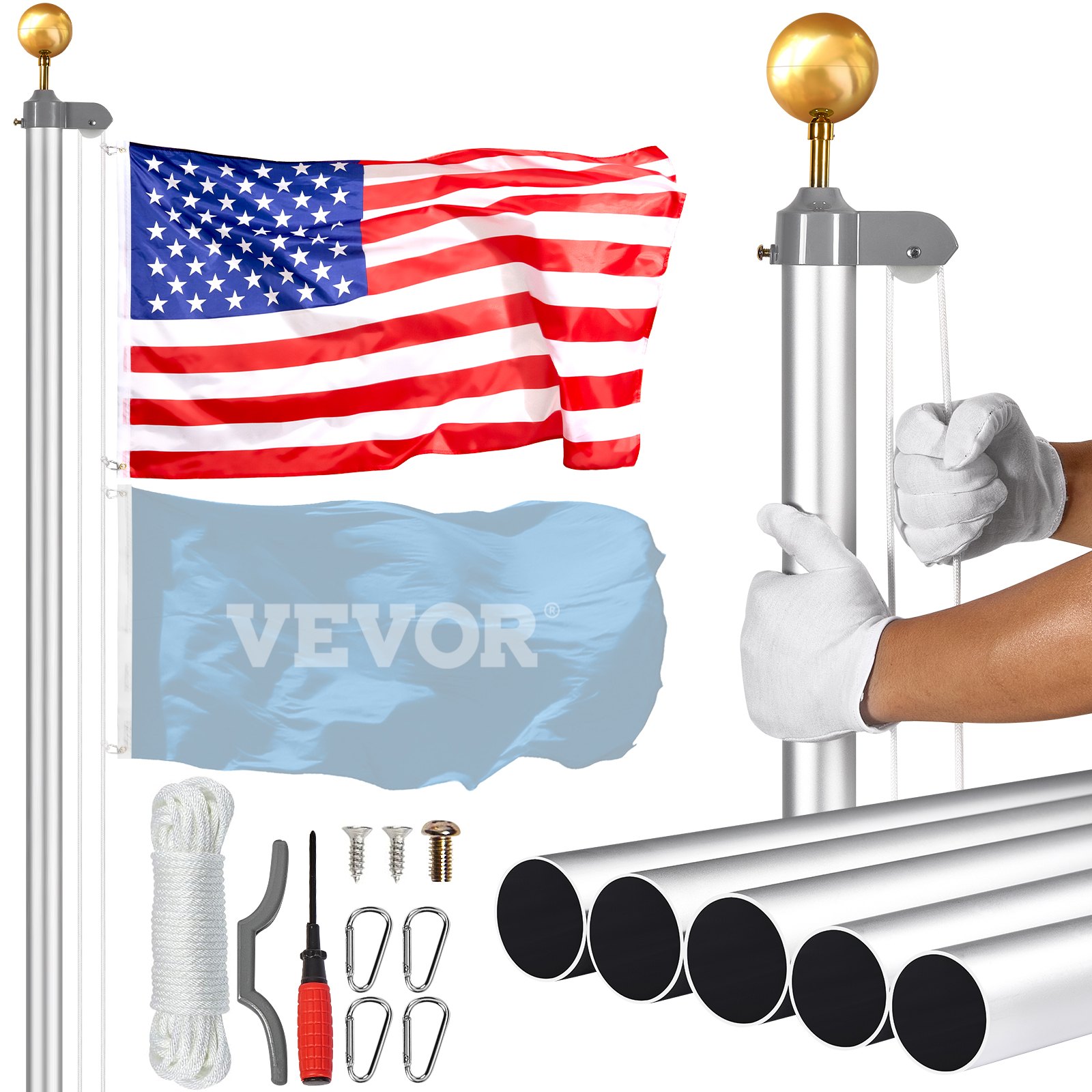 VEVOR 20ft Detachable Flagpole Kit, Robust Aluminum Alloy Flagpole Kit for Outdoor Use, Flagpole with 3 Display Modes and Professional Accessories, Silver