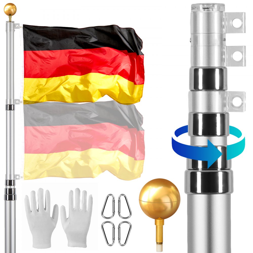 VEVOR Kit de Mástil Telescópico 730cm de Aluminio con Bandera de Alemán, Plata