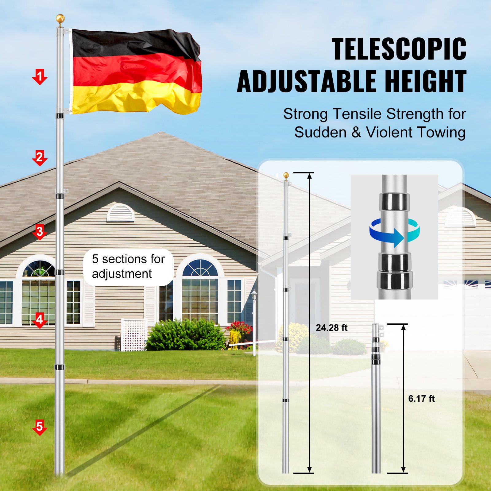 VEVOR Kit de mástil de bandera telescópico de 25 pies, kit de mástil de bandera de aleación de aluminio resistente en el suelo para exteriores, mástil de bandera de 3 modos de visualización con accesorios profesionales, bandera alemana, plata