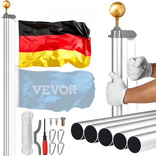 VEVOR Kit de mástil de bandera desmontable de 25 pies, kit de mástil de bandera de aleación de aluminio resistente en el suelo para exteriores, mástil de bandera de 3 modos de visualización con accesorios profesionales, bandera alemana, plata