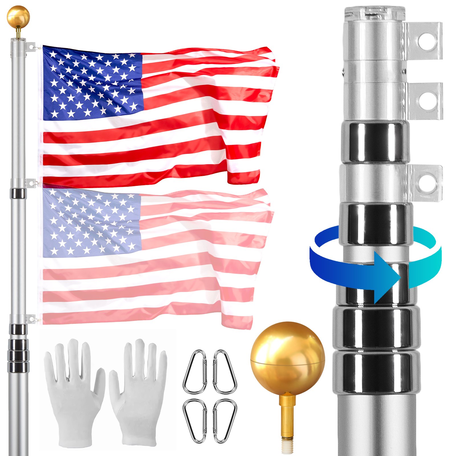 VEVOR Kit de mástil de bandera telescópico de 30 pies, kit de mástil de bandera de aleación de aluminio resistente en el suelo para exteriores, mástil de bandera de 3 modos de visualización con accesorios profesionales, plateado