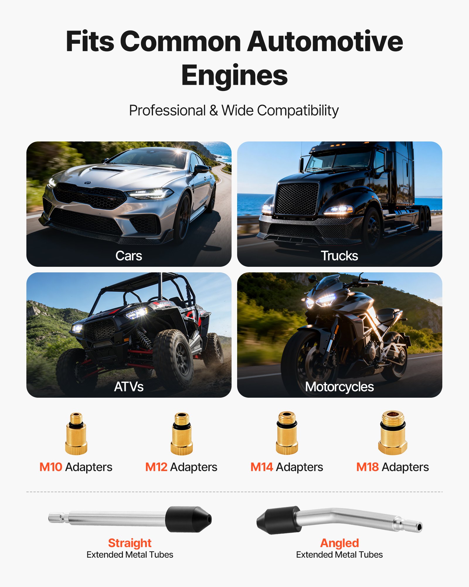 VEVOR Kit de Prueba de Compresión de Cilindros de Motor 10-200 PSI, Rango de Manómetro de 10-200 PSI, con 4 Adaptadores, Tubos Metálicos Rectos y Angulados Extendidos para Automóviles, Motocicletas
