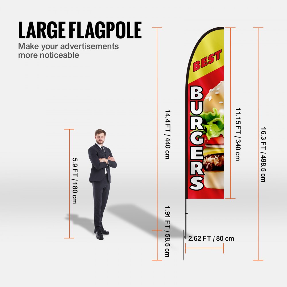 VEVOR - Bandera publicitaria de plumas para restaurante de hamburguesas con kit de mástil, banderas publicitarias para exteriores de negocios, incluye 1 bandera tipo pancarta, 1 mástil, 1 estaca para el suelo, bandera Swooper para negocios de 16,3 pies