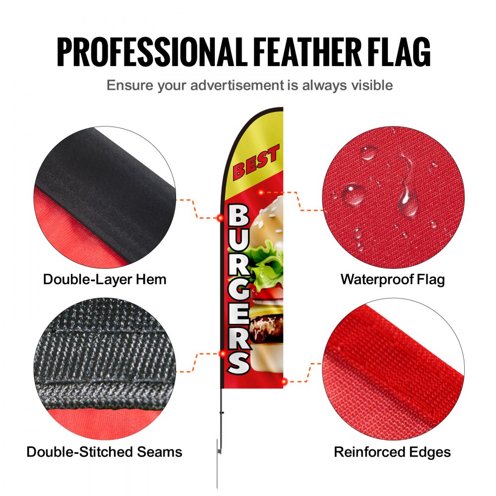 VEVOR - Bandera publicitaria de plumas para restaurante de hamburguesas con kit de mástil, banderas publicitarias para exteriores de negocios, incluye 1 bandera tipo pancarta, 1 mástil, 1 estaca para el suelo, bandera Swooper para negocios de 16,3 pies