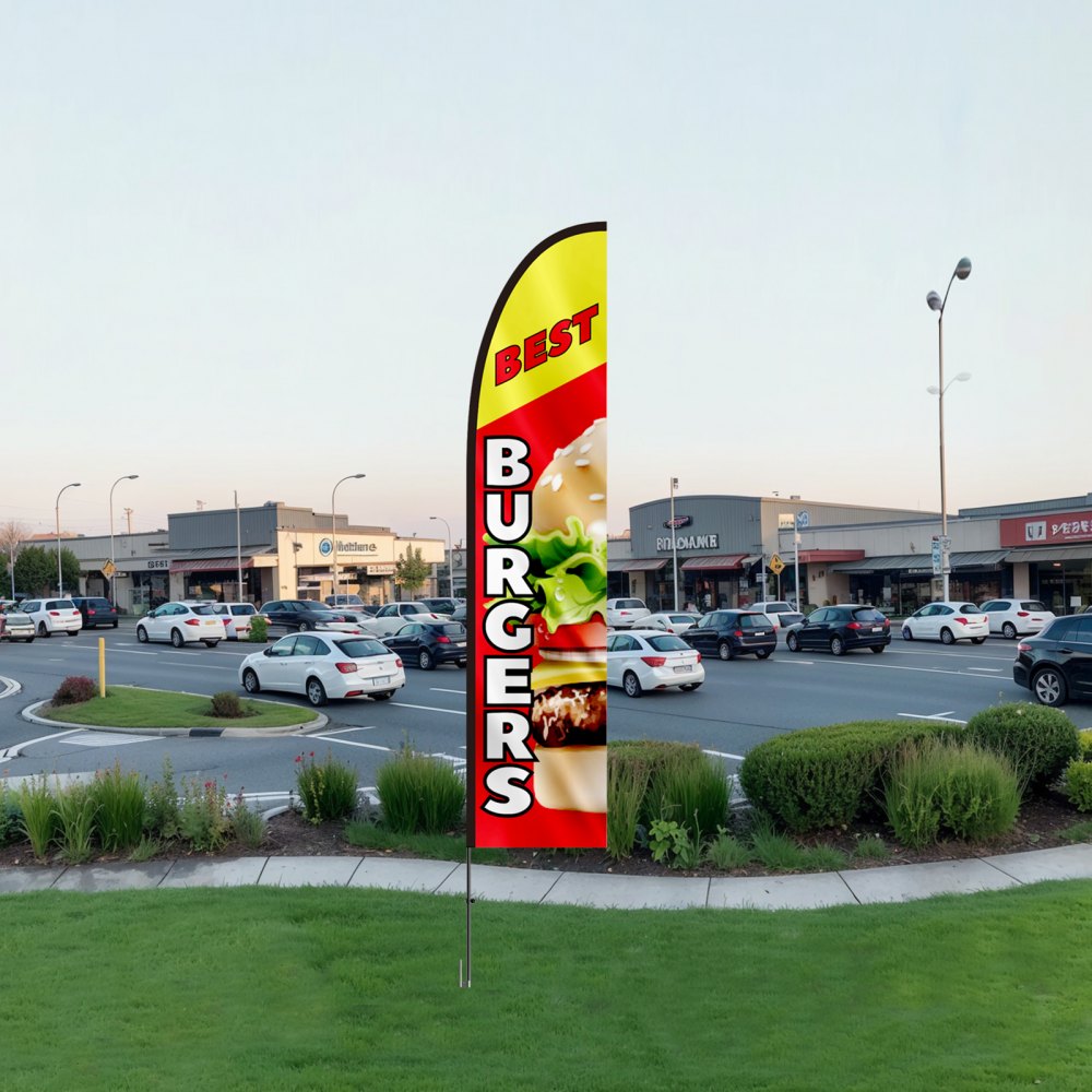 VEVOR - Bandera publicitaria de plumas para restaurante de hamburguesas con kit de mástil, banderas publicitarias para exteriores de negocios, incluye 1 bandera tipo pancarta, 1 mástil, 1 estaca para el suelo, bandera Swooper para negocios de 16,3 pies