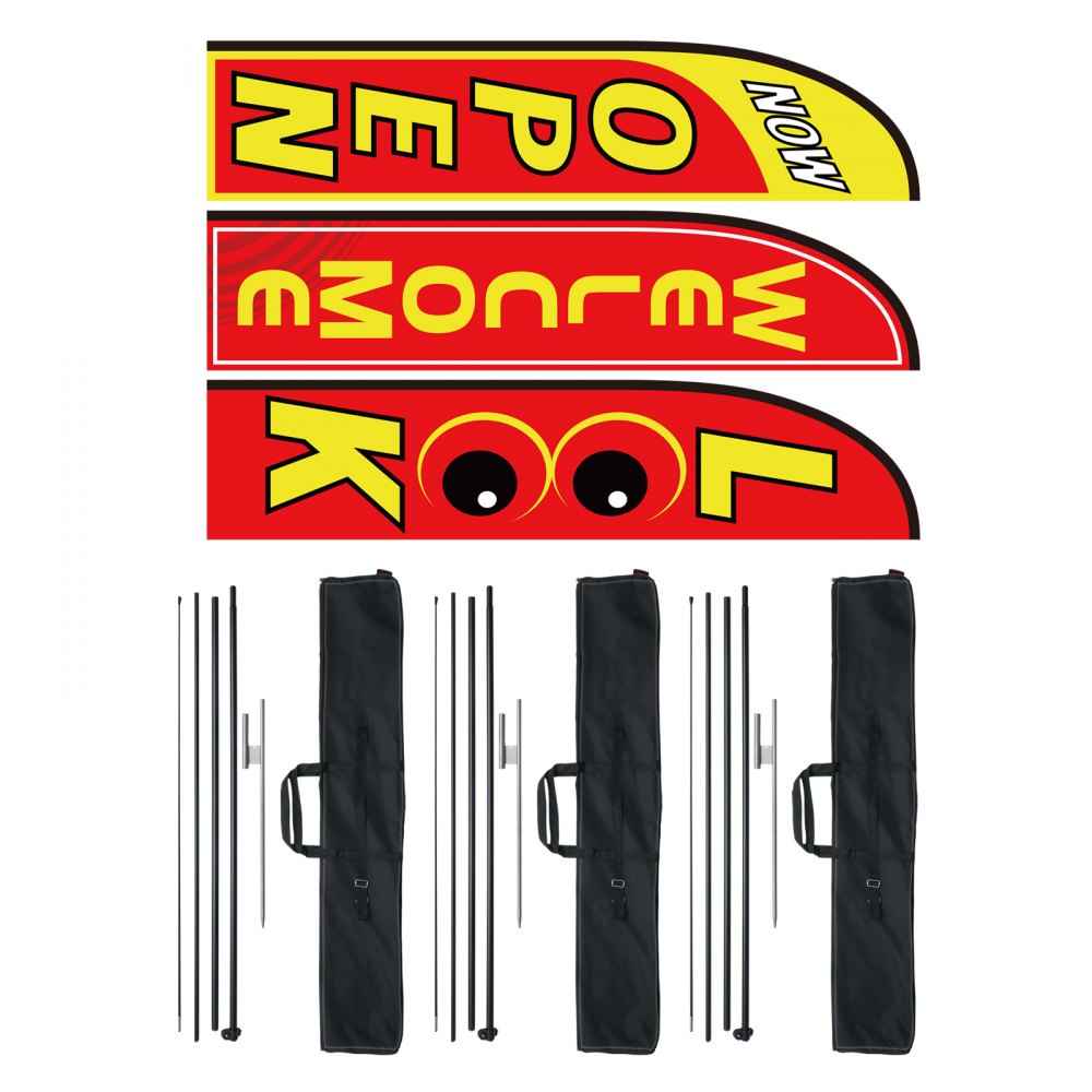 VEVOR Kit de Mástil y Banderas de Pluma Banderas Publicitarias para Exteriores de Empresa Kit de Banderas de Pluma, 3 Banderas (Open, Welcome, Look), 3 Mástiles de 4,5 m, 3 Estacas para el Suelo