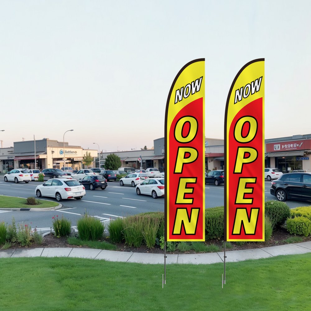 VEVOR Open Sign Flags with Mast Set, Advertising Flags for Businesses Outdoors, Advertising Feather Flag Set, incl. 2 Banner Flags, 2 Masts, 2 Ground Stakes, Open Sign Swooper Flags for Businesses 5 m