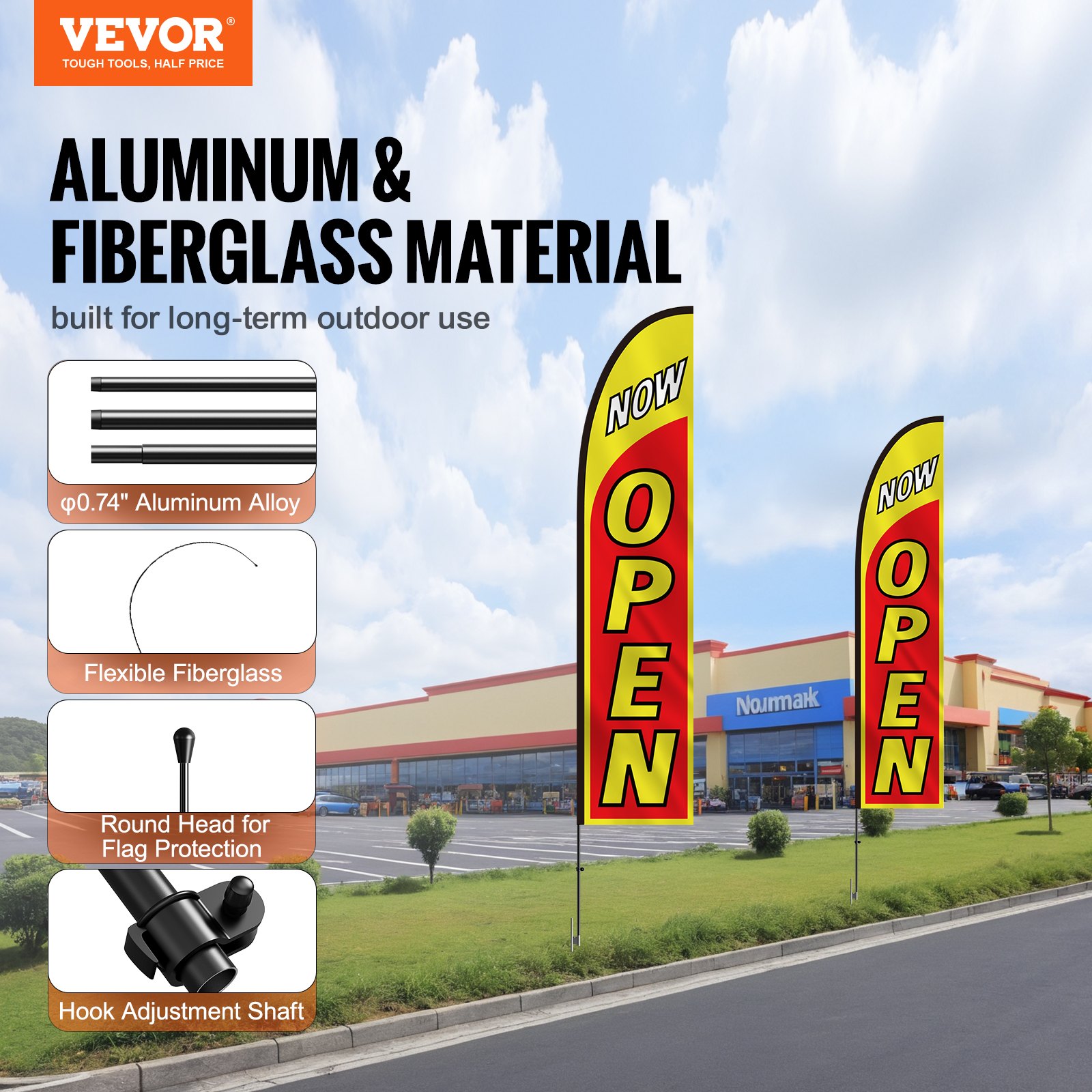 VEVOR Open Sign Flags with Mast Set, Advertising Flags for Businesses Outdoors, Advertising Feather Flag Set, incl. 2 Banner Flags, 2 Masts, 2 Ground Stakes, Open Sign Swooper Flags for Businesses 5 m