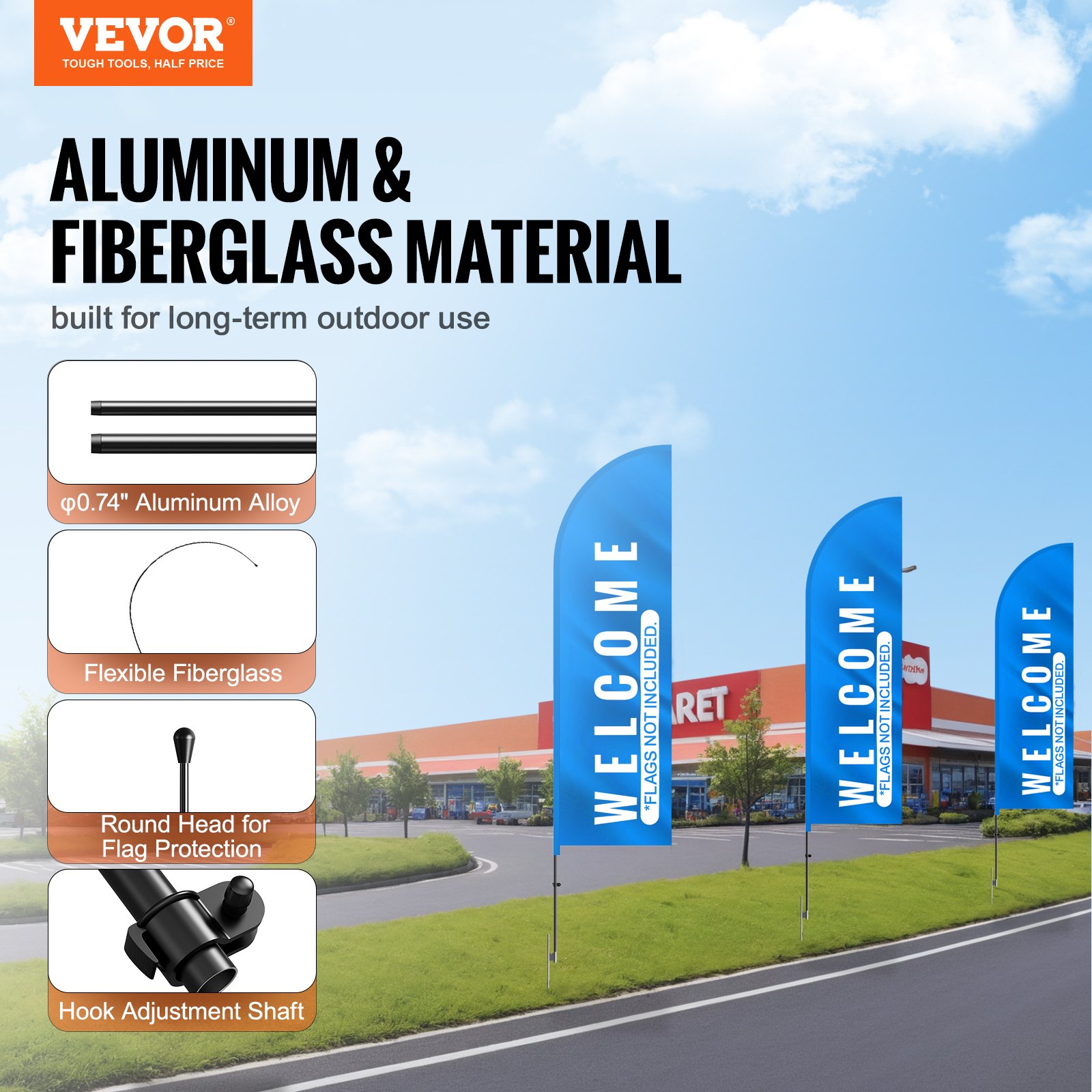 VEVOR Feather Flagpole Set, 2 Packs Swooper Flagpoles 12.7 ft, Sign Flagpoles for Outdoor Business Advertising Flags, with Ground Stakes and Carrying Bag (Flag Not Included)