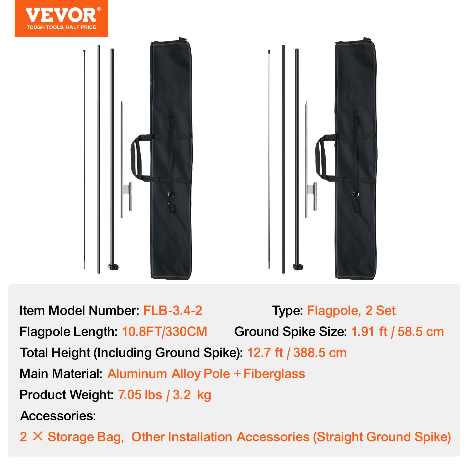 VEVOR Kit de mástil de bandera de plumas, 2 paquetes de mástil de bandera Swooper de 12,7 pies, mástiles de bandera de señalización para banderas publicitarias comerciales al aire libre, con estacas de tierra y una bolsa de transporte (bandera no incluida)