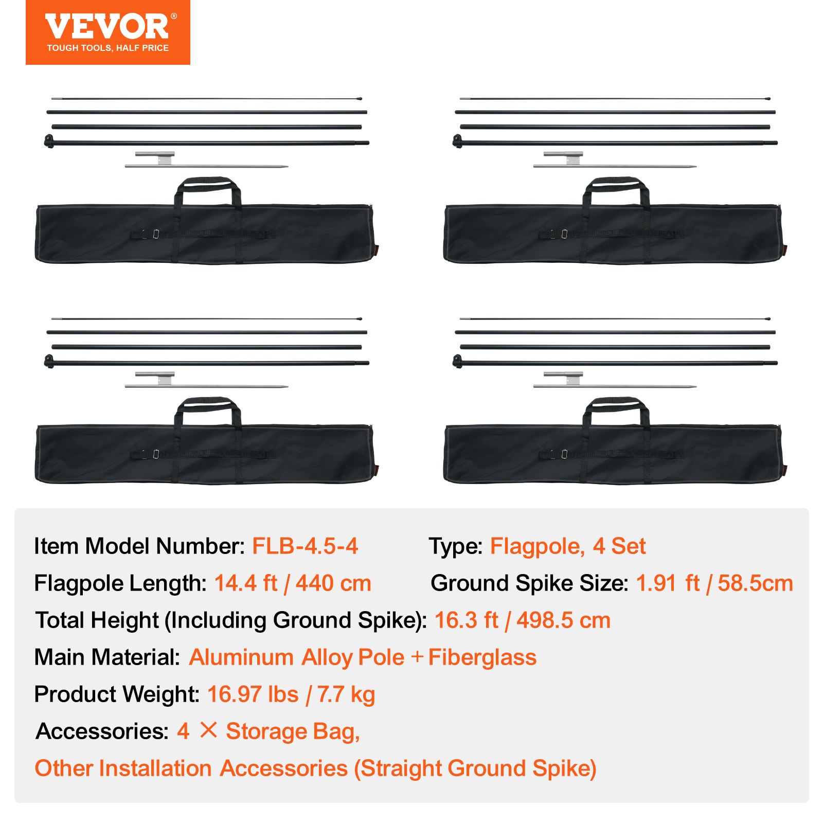 VEVOR Kit de mástil de bandera de plumas, 4 paquetes de mástil de bandera Swooper de 16,3 pies, mástiles de bandera de señalización para banderas publicitarias comerciales al aire libre, con estacas de tierra y una bolsa de transporte (bandera no incluida)