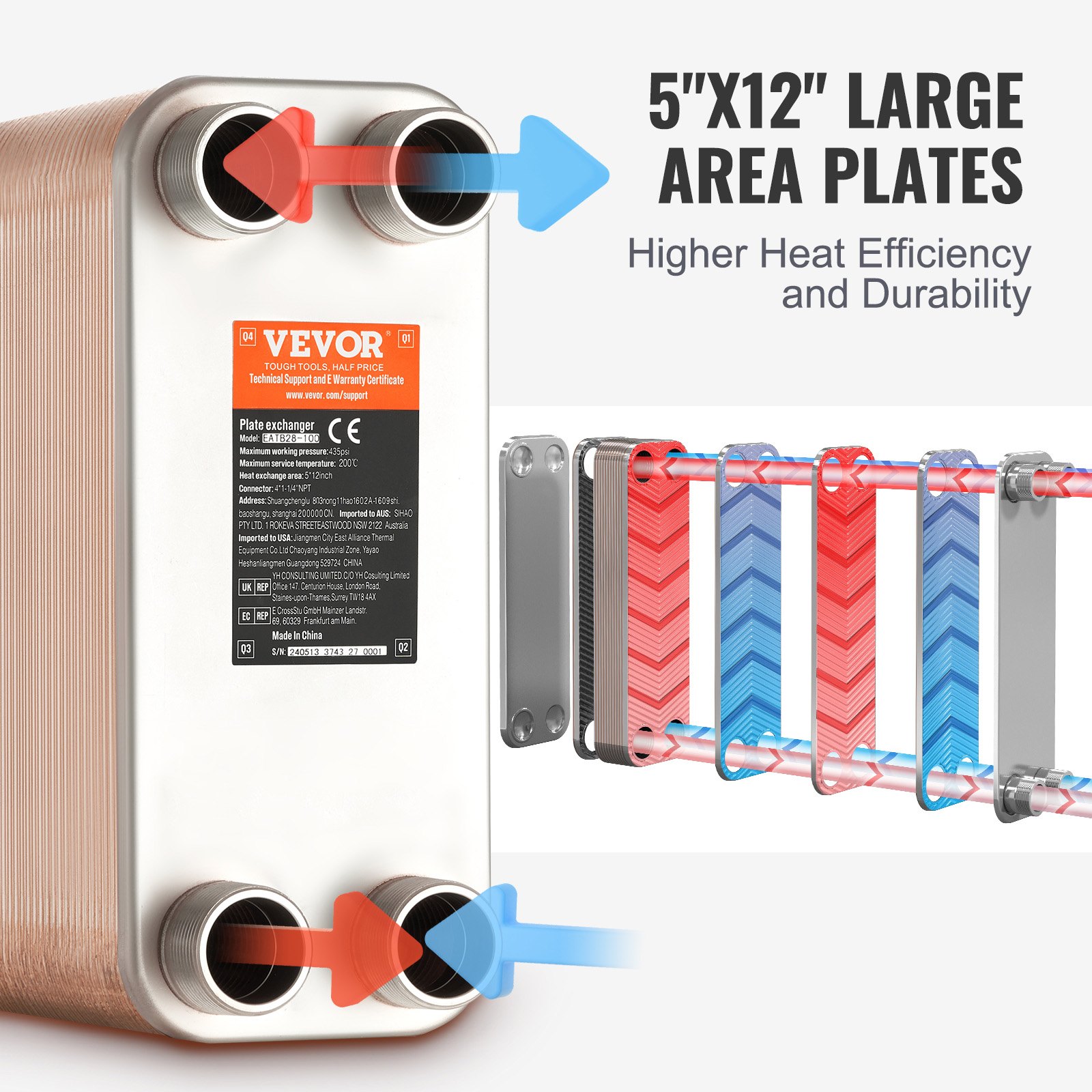 VEVOR Intercambiador de Calor, 5"x 12" 80 Placas Soldadas Intercambiador de Calor, Cobre/Acero Inoxidable 316L Intercambiador de Calor Agua a Agua para Calefacción por Suelo, Calentamiento de Agua, Derretimiento de Nieve, Enfriamiento de Cerveza
