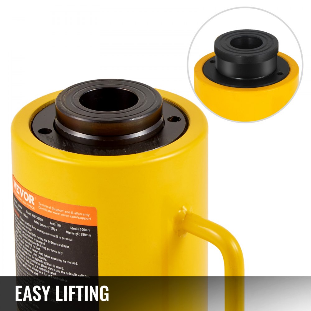 VEVOR Hydraulic Cylinder Jack, 30T Capacity, 100mm Stroke, Single-Acting, Portable, Yellow, Hydraulic Trolley Jack, Hollow Piston Jack, 6.9kg Hydraulic Bottle for Riggers and Manufacturers