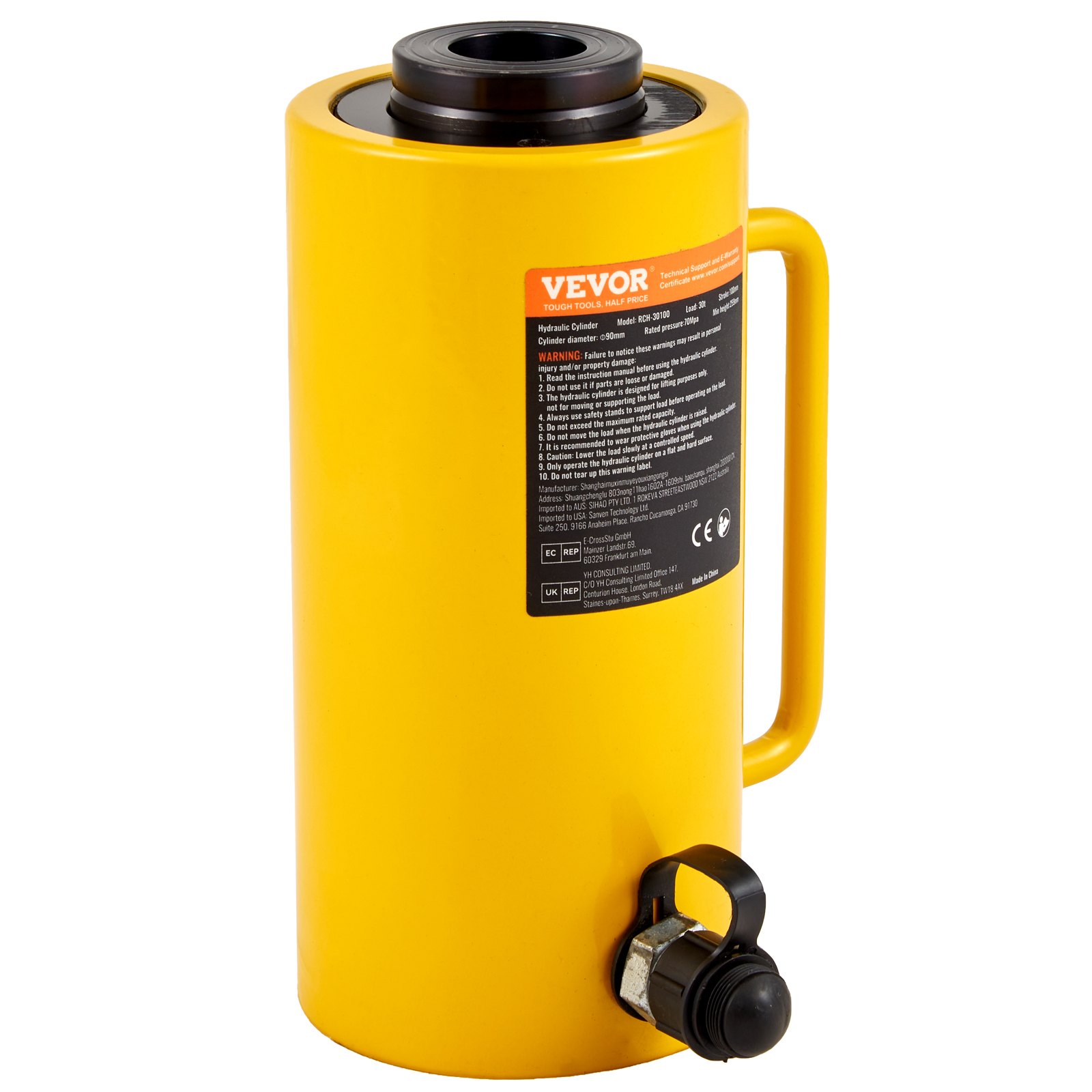 VEVOR Gato Hidraulico 30 T, Gato Hidraulico para Coche Carrera de Ariete 100 mm, Gato Hidraulico Carretilla de Altura 220 + 12 mm, Gato Hidráulico Chapista 14,5 kg
