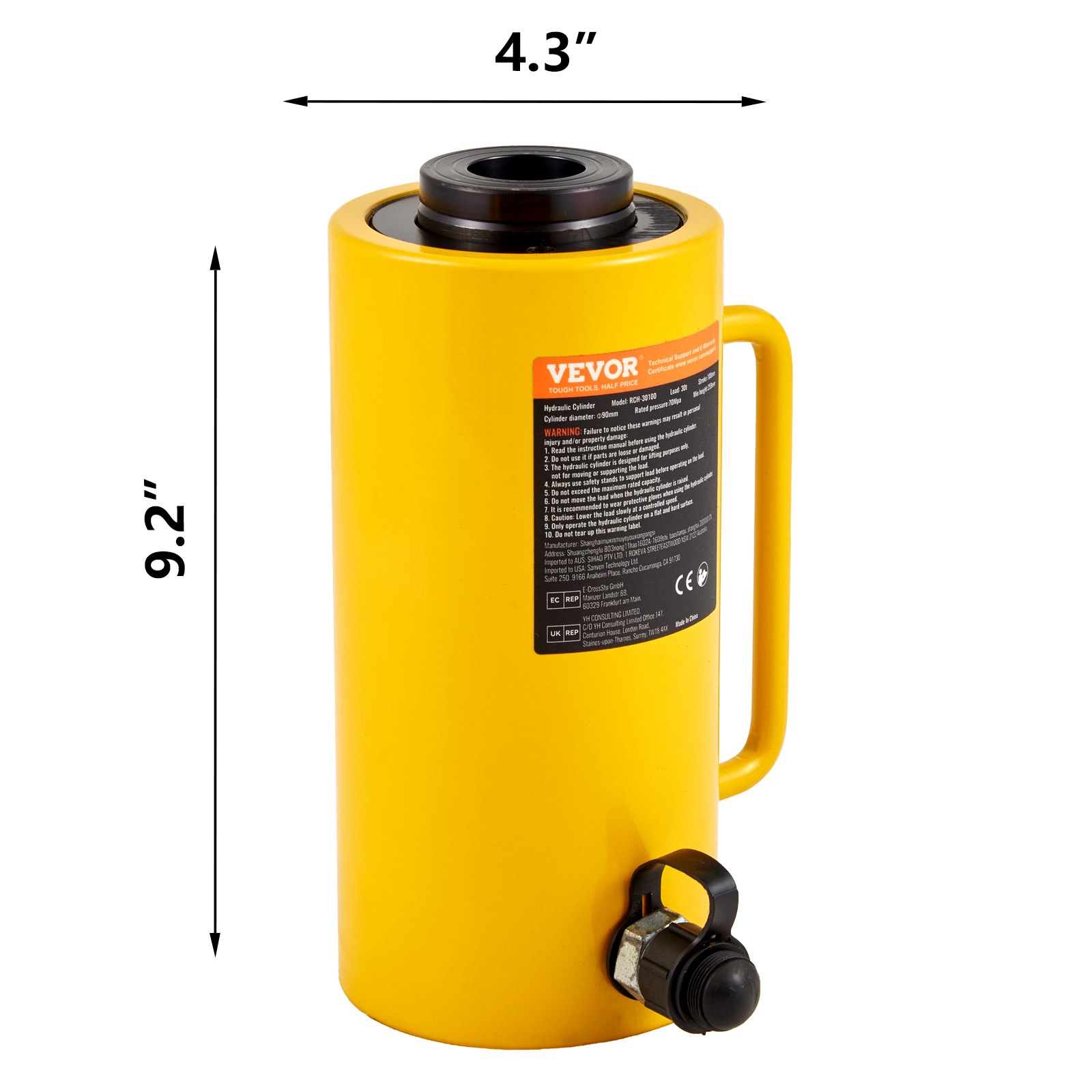 VEVOR Gato Hidraulico 30 T, Gato Hidraulico para Coche Carrera de Ariete 100 mm, Gato Hidraulico Carretilla de Altura 220 + 12 mm, Gato Hidráulico Chapista 14,5 kg