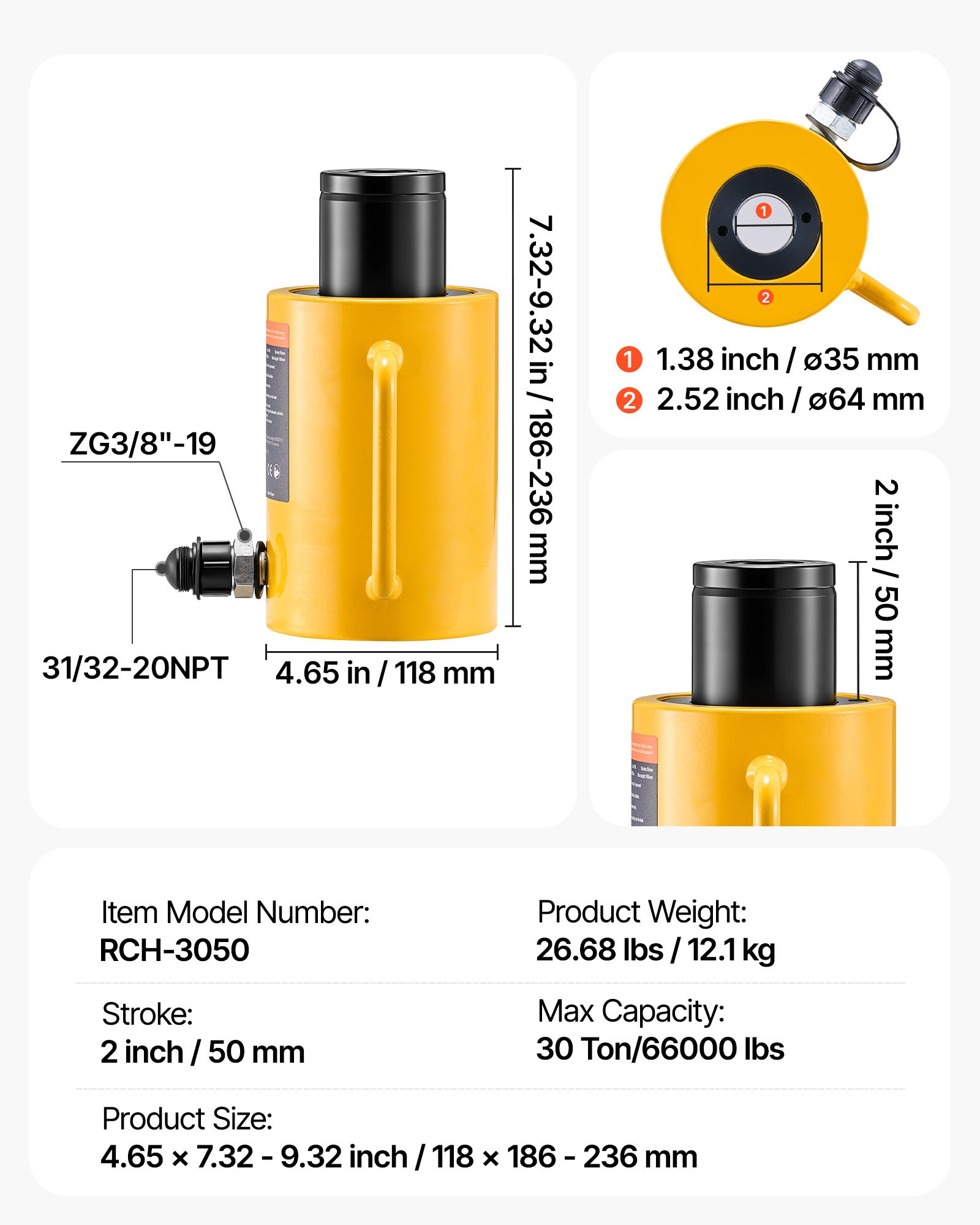 VEVOR 30 T Gato Hidráulico, 50 mm Gato Hidráulico para Coche Carrera de Ariete, Gato Hidráulico Carretilla Altura Total 170 + 12 mm, Gato Hidráulico Chapista de 10,8 kg