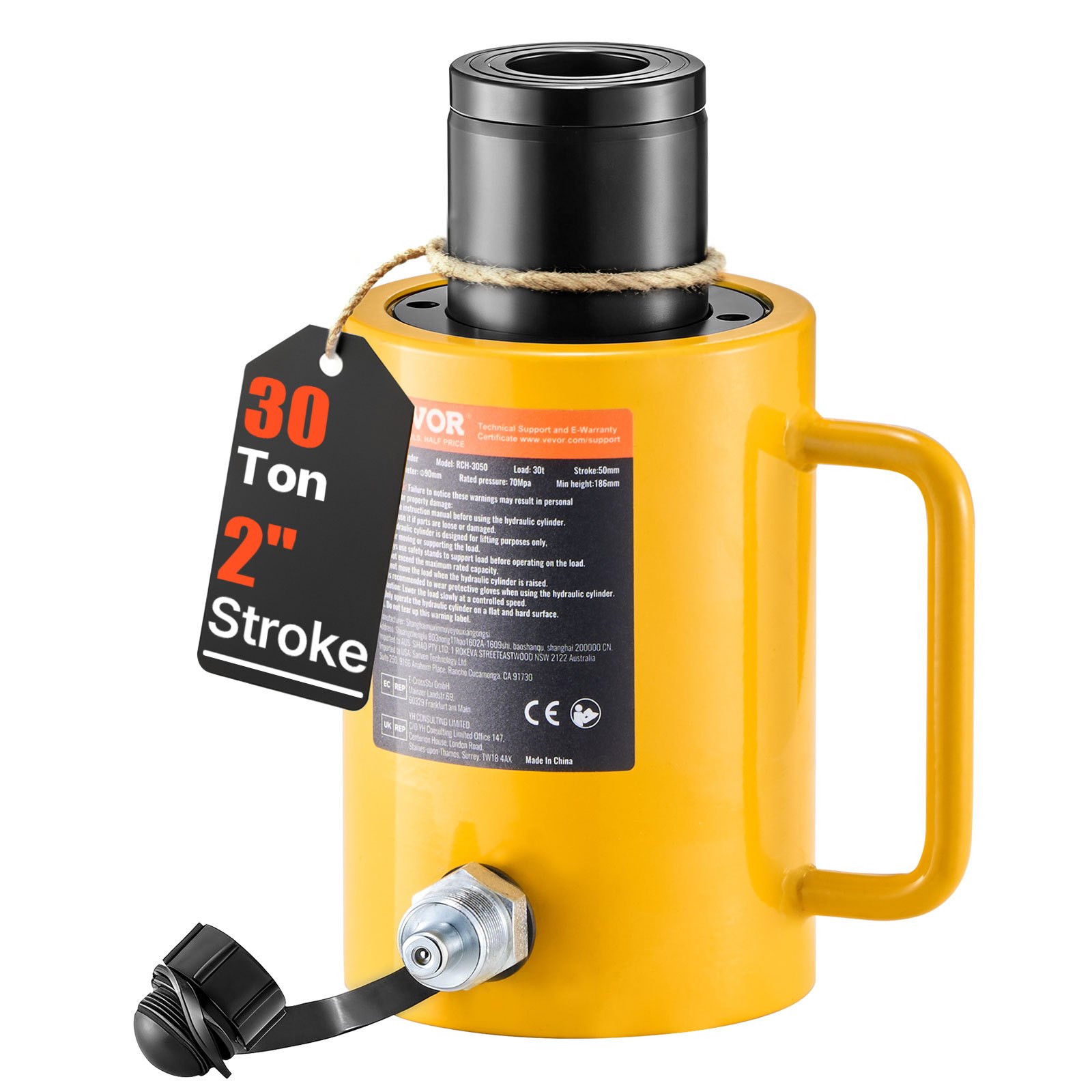 VEVOR 30 T Gato Hidráulico, 50 mm Gato Hidráulico para Coche Carrera de Ariete, Gato Hidráulico Carretilla Altura Total 170 + 12 mm, Gato Hidráulico Chapista de 10,8 kg