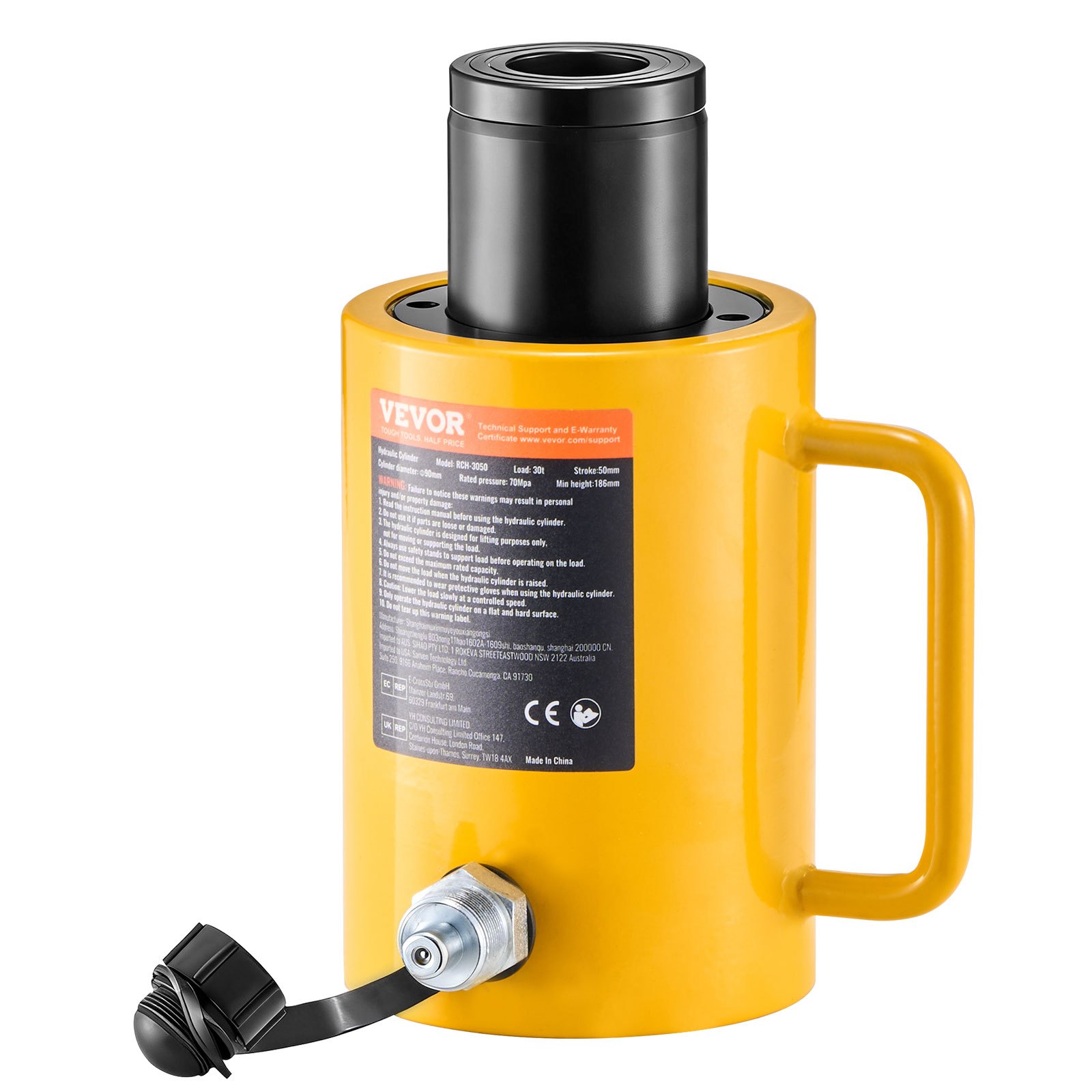 VEVOR 30 T Gato Hidráulico, 50 mm Gato Hidráulico para Coche Carrera de Ariete, Gato Hidráulico Carretilla Altura Total 170 + 12 mm, Gato Hidráulico Chapista de 10,8 kg