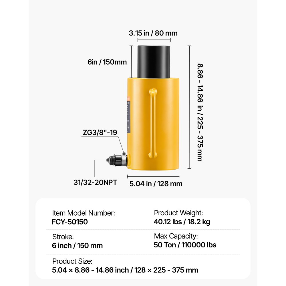 VEVOR Cilindro de Pistón Hidráulico 50 T Carrera 150 mm Taller de Simple Efecto