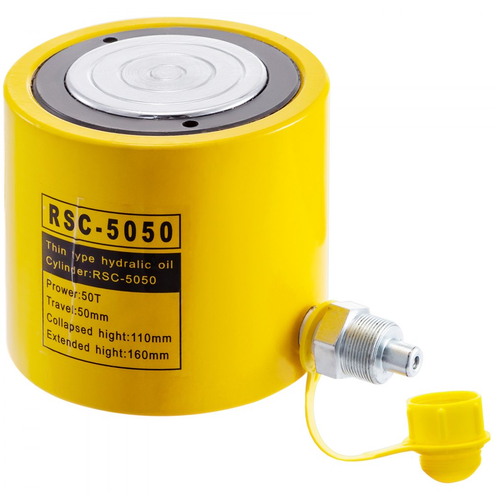 Cilindro hidráulico VEVOR amarillo rsc-5050 con etiqueta de especificaciones y tapa adjunta.