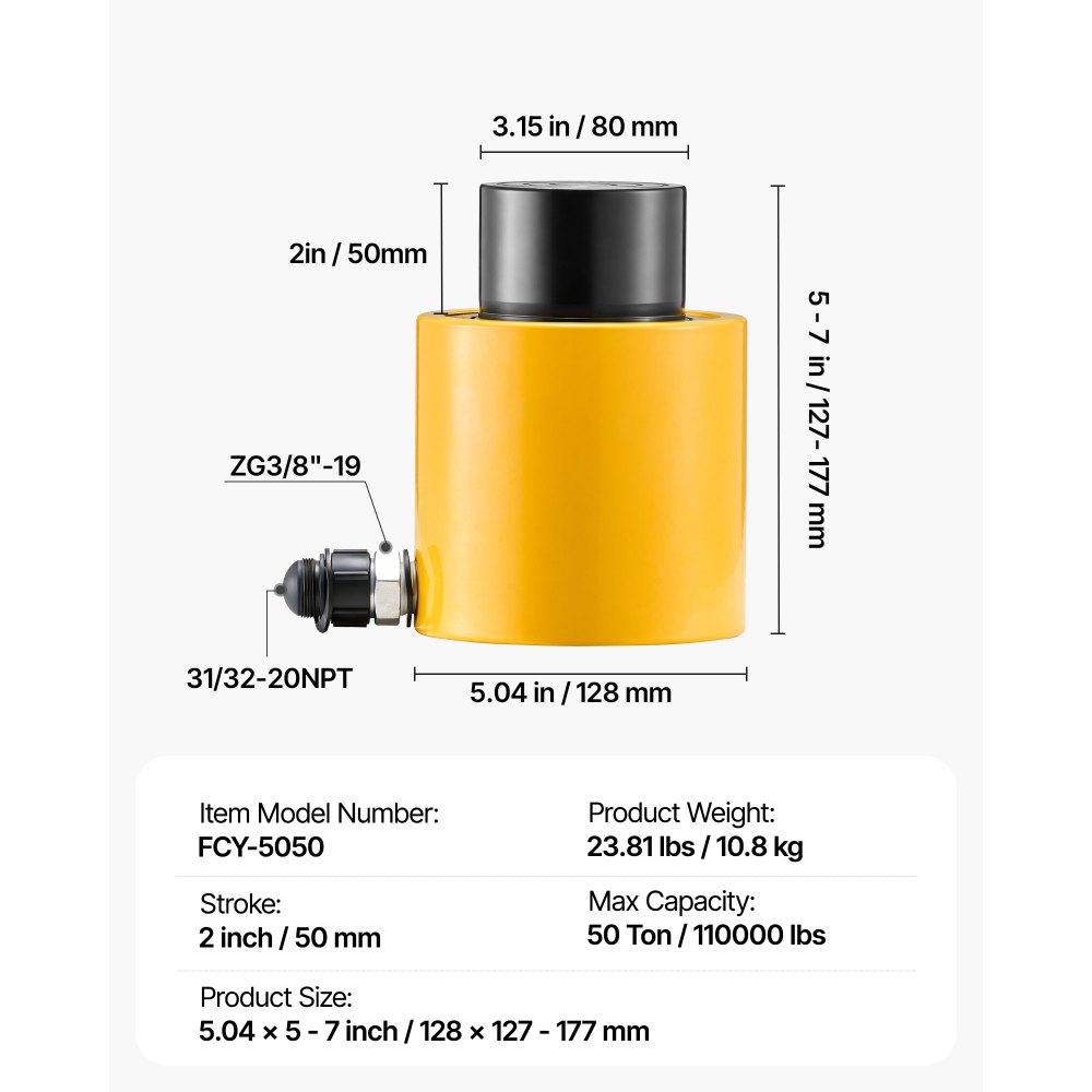 VEVOR Gato Hidráulico Carretilla Capacidad de 50 t, Gato Hidráulico para Coche, Carrera del Pistón de 50 mm, Simple Efecto, Altura Total de 112 mm, para Coche, Furgoneta, Barco, Camión, Caravana