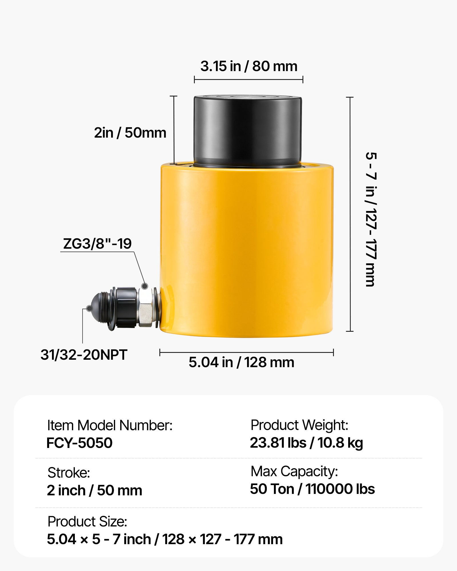 VEVOR Gato Hidráulico Carretilla Capacidad de 50 t, Gato Hidráulico para Coche, Carrera del Pistón de 50 mm, Simple Efecto, Altura Total de 112 mm, para Coche, Furgoneta, Barco, Camión, Caravana