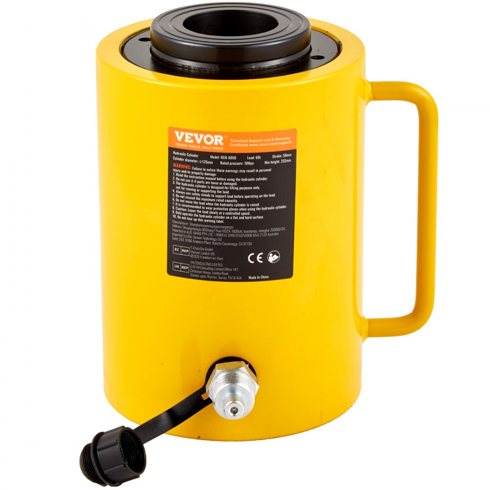 VEVOR Gato hidráulico de pistón hueco de 60 toneladas, carrera de 50 mm, cilindro hidráulico de pistón de metal sólido, elevación rápida, para la industria, talleres de carrocería y chasis