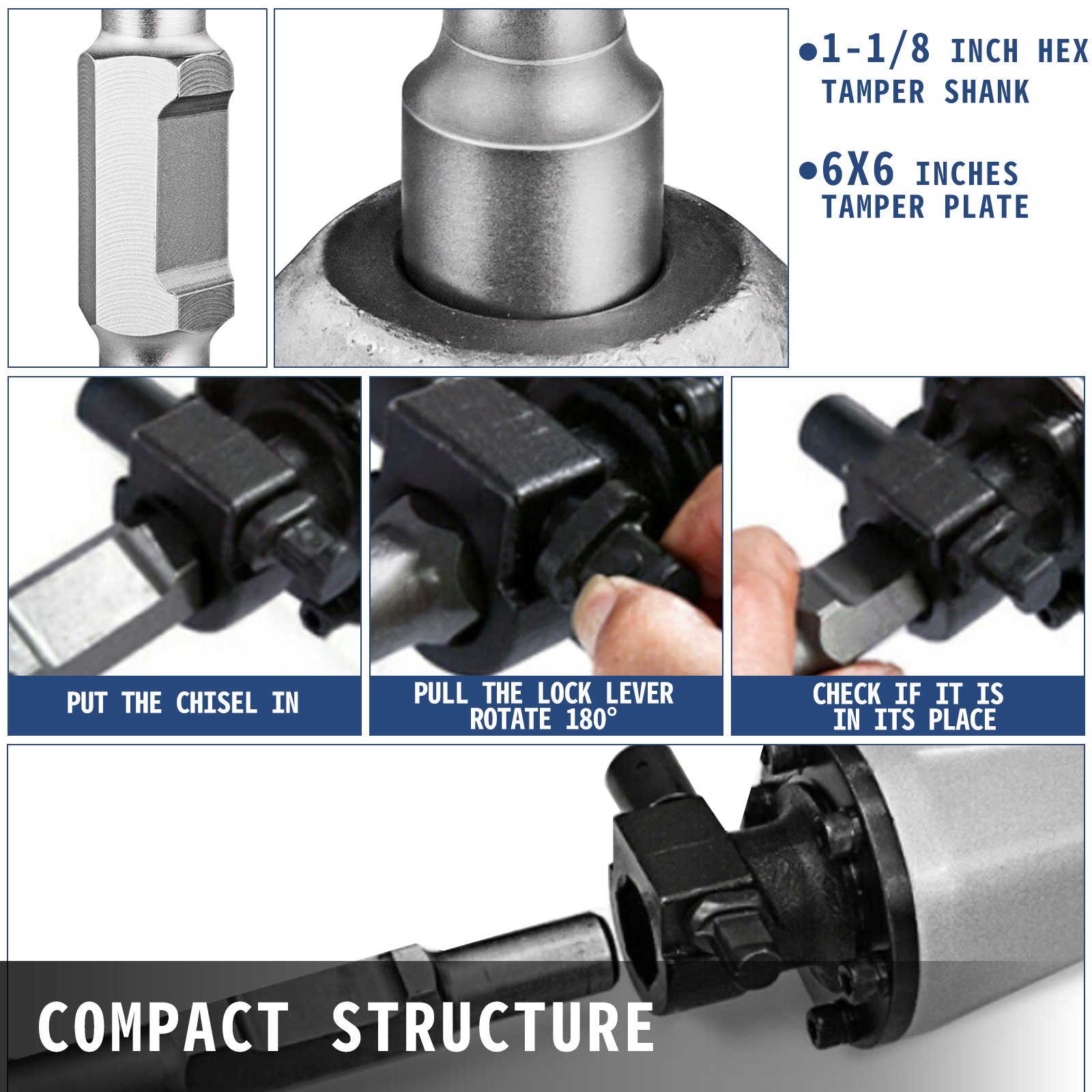 VEVOR 1-1/8" Vástago Hexagonal Apisonador Martillo Neumático Placa Compactadora de Acero con Puntas Puntiagudas de Cincel Martillo de Demolición para Compactador de Suelo Martillo Rompedor de Hormigón