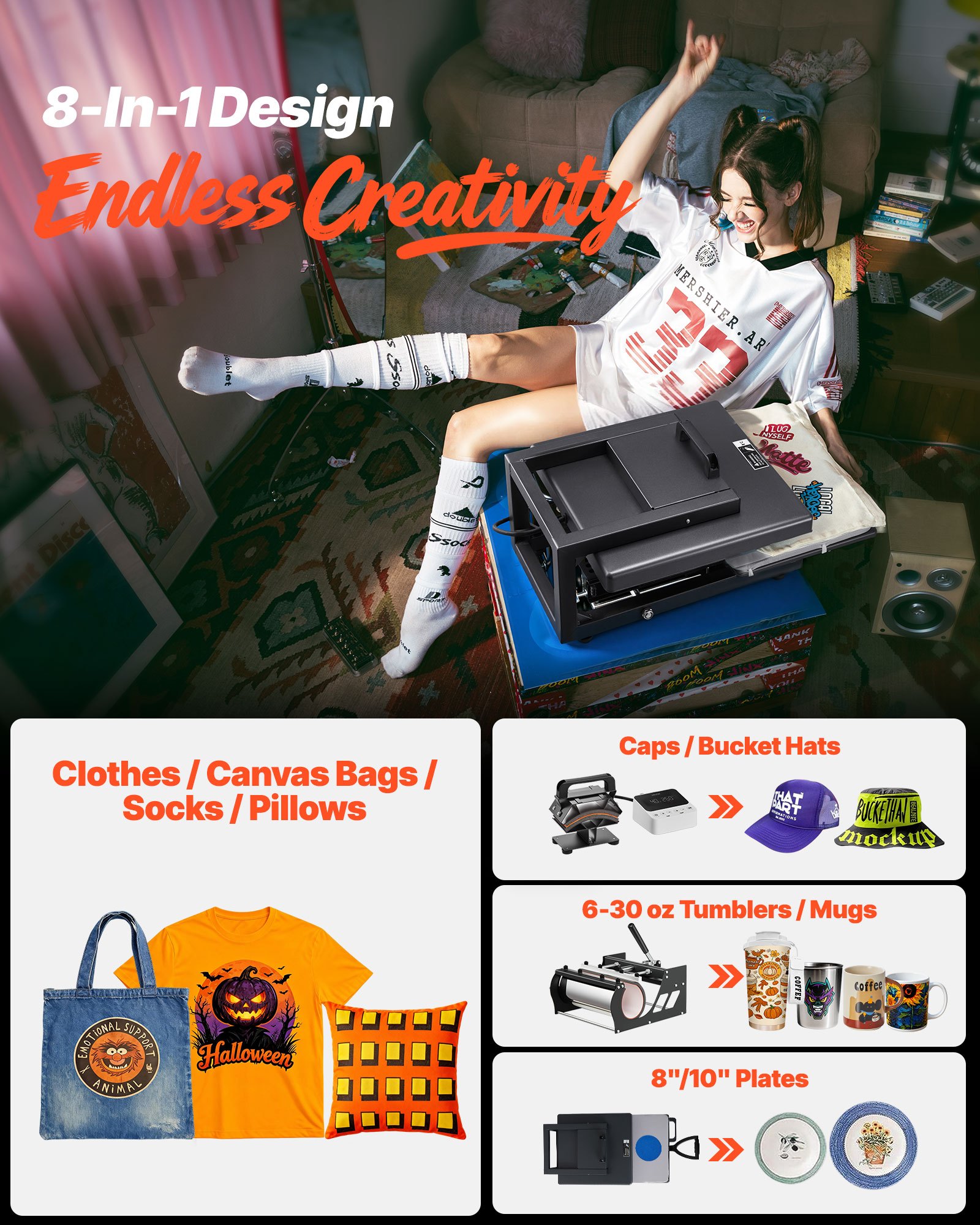 VEVOR Prensa Térmica de 38 x 38 cm, 8 en 1, Potencia 1350 W, Multifunción, Calentamiento Rápido y Uniforme, Prensa de Sublimación para Camisetas, Tazas, Gorras y Platos, Color Negro, 100–210 ℃