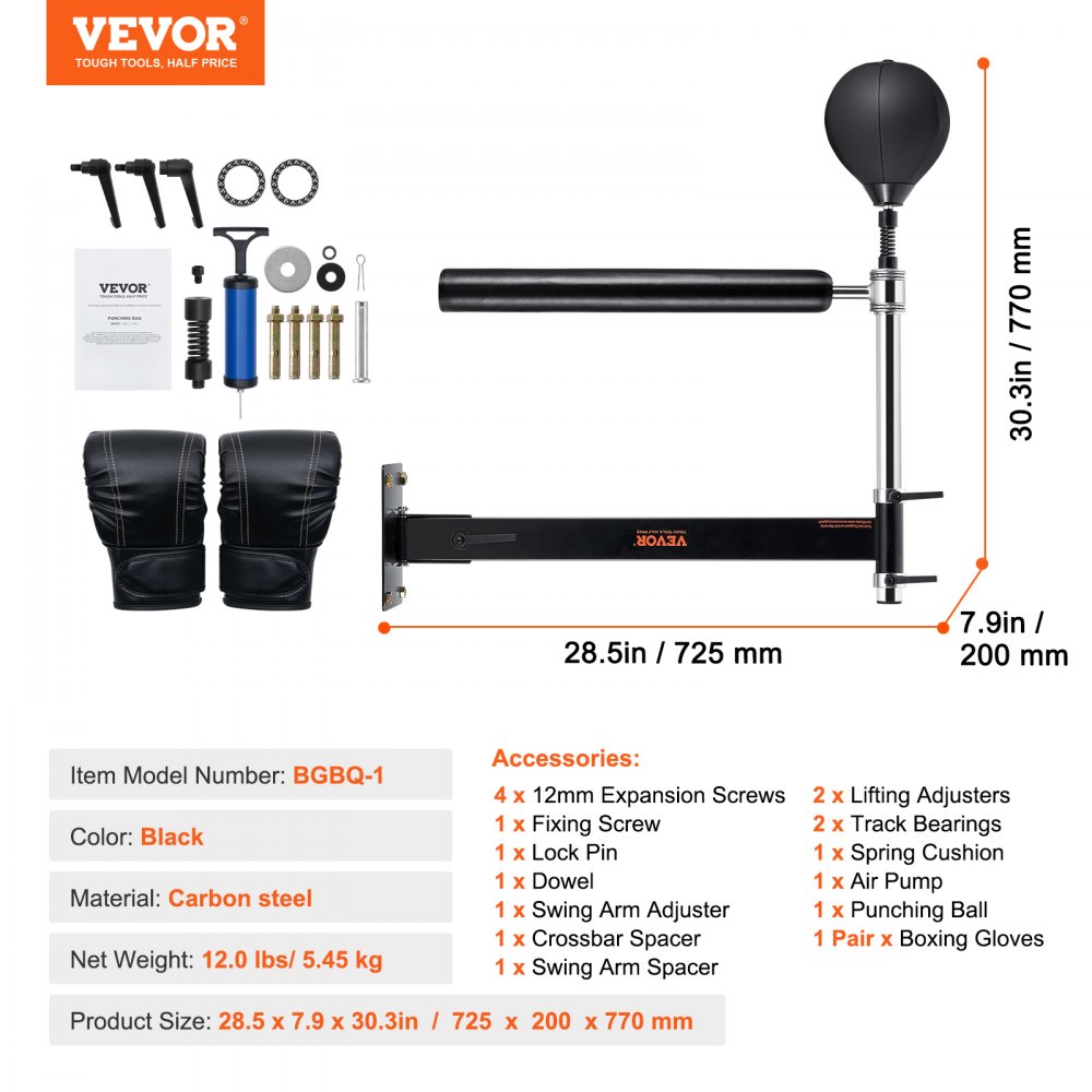 VEVOR Barra Giratoria de Boxeo Montada en Pared 735 x 230 x 175 mm Barra Giratoria con Pelota de Boxeo Entrenador de Velocidad de Boxeo Ajustable Barra de Boxeo Reflejo con Guantes para Fitness, Negro