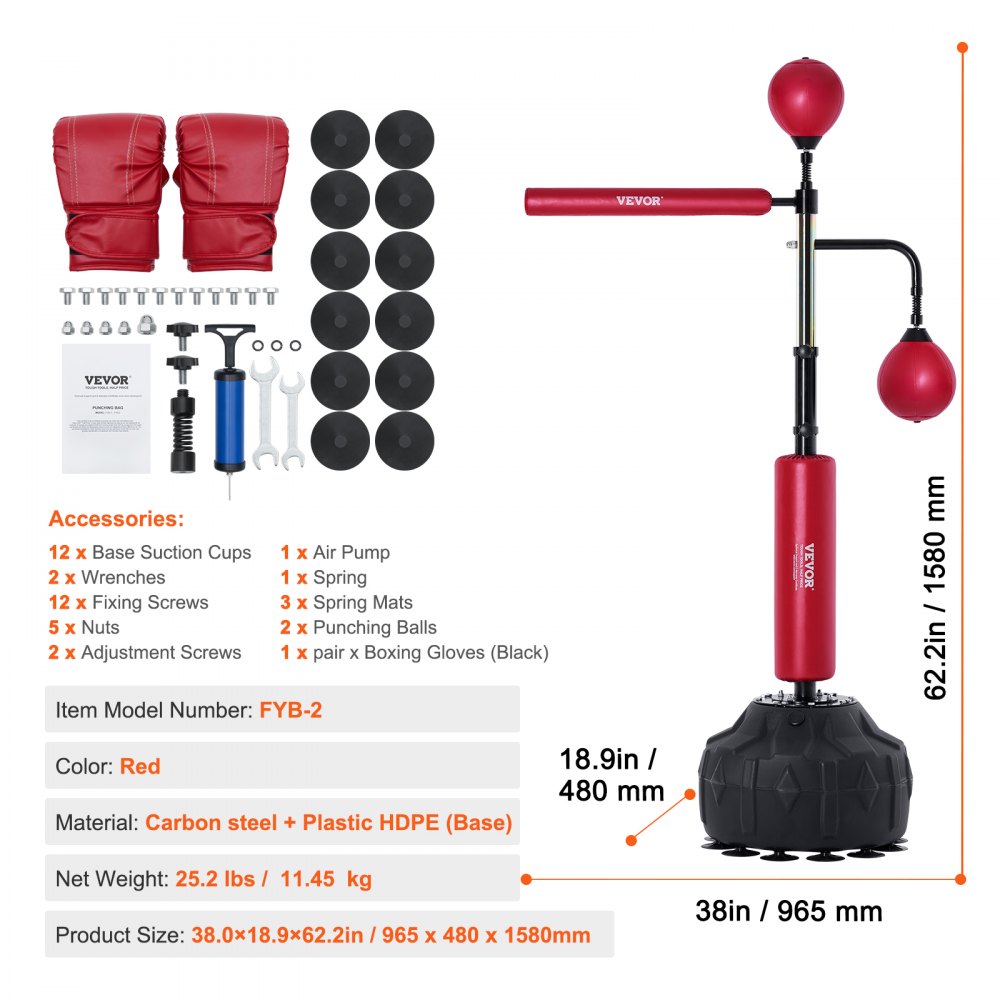 VEVOR Saco de Boxeo con Soporte 965 x 480 x 1580 mm Saco de Boxeo Reflex para Adolescentes y Adultos Saco de Boxeo Independiente de Altura Ajustable con Guantes Saco de Boxeo para Entrenamiento, Rojo