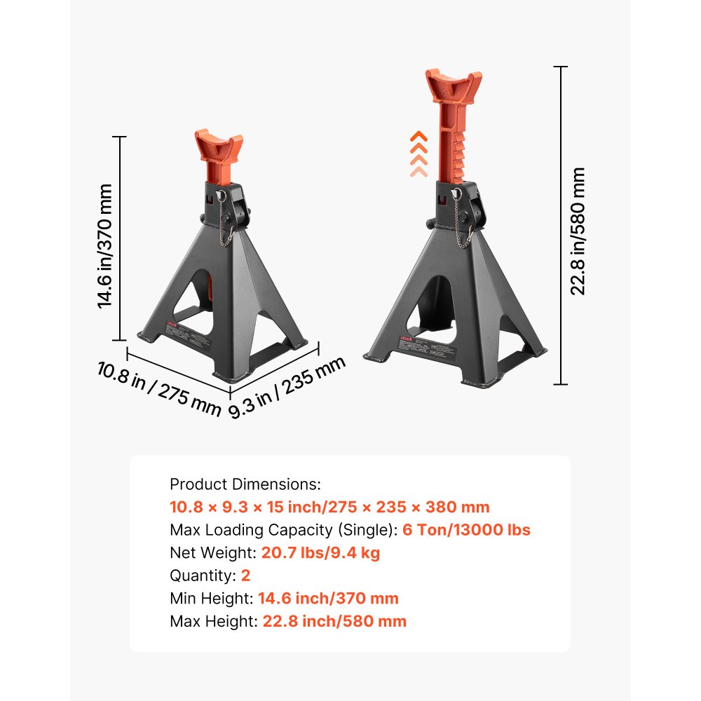 VEVOR Caballetes para Coches Capacidad de 6 t, Gatos Estabilizadores Altura Ajustable de 370-580 mm, de Acero Resistente con Doble Bloqueo para Levantar SUV, Camionetas, Automóviles, UTV/ATV, 1 Par