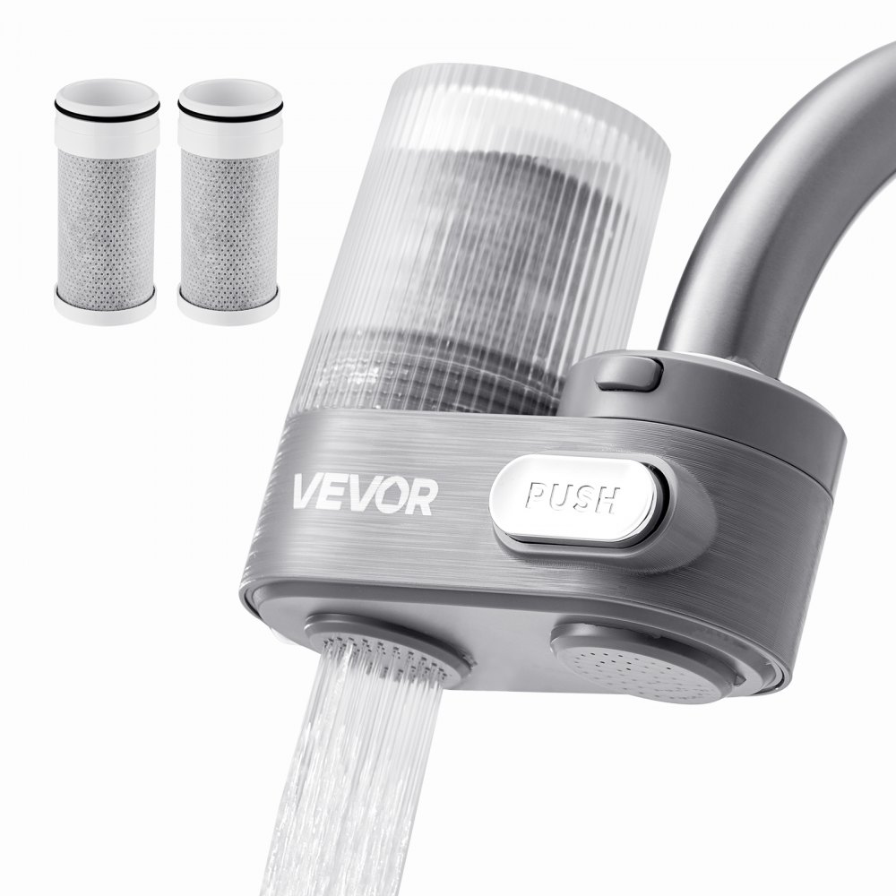 VEVOR Filtro de Agua de Fibra de Carbono para Grifo de Fregadero Purificador de Agua Vertical 2 Modos Elimina Cloro Plomo con 3 Filtros Compatible con la Mayoría de Grifos de Cocina, Baño, Gris