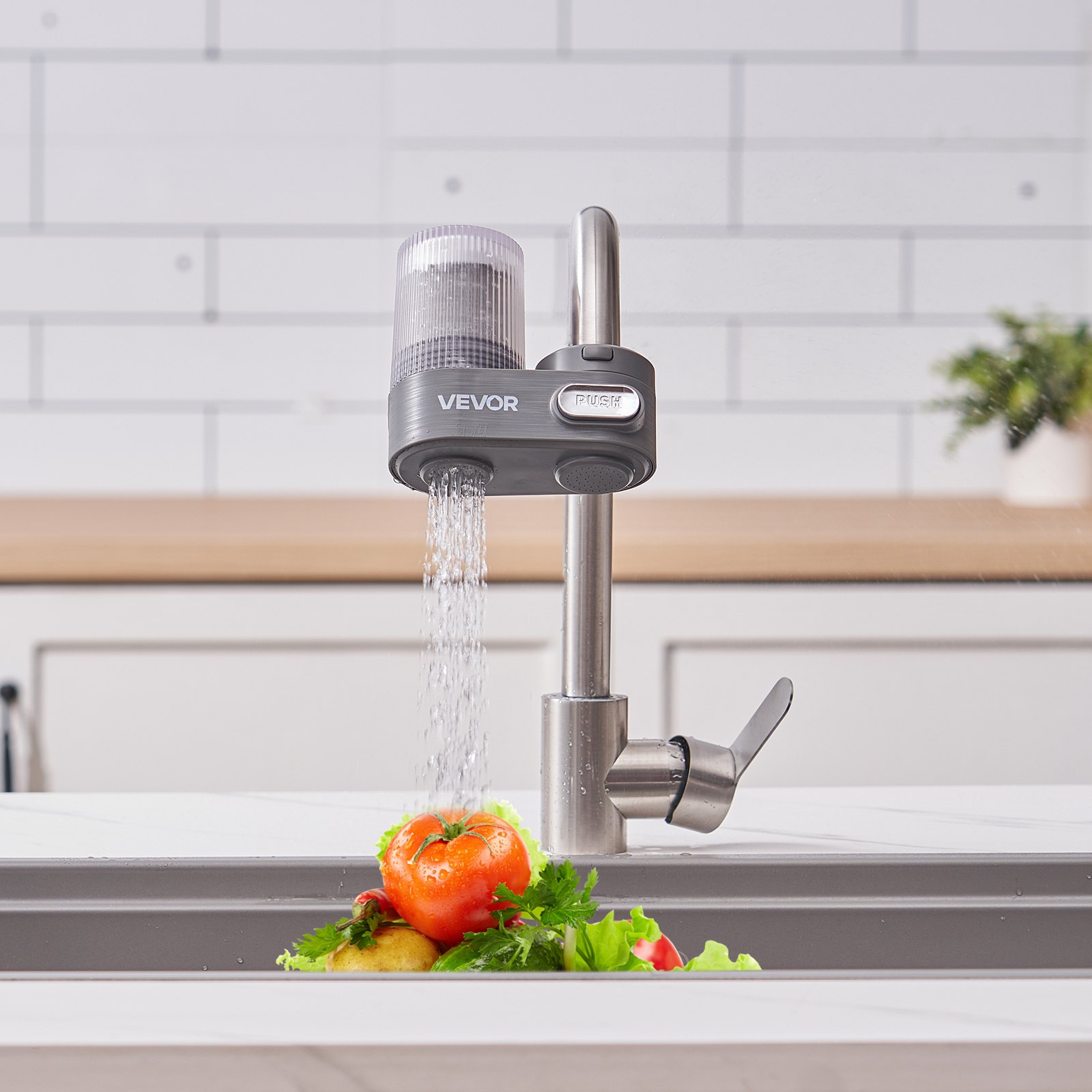 VEVOR Filtro de Agua de Fibra de Carbono para Grifo de Fregadero Purificador de Agua Vertical 2 Modos Elimina Cloro Plomo con 3 Filtros Compatible con la Mayoría de Grifos de Cocina, Baño, Gris