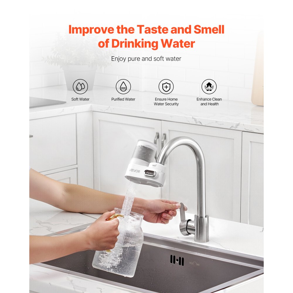 VEVOR Filtro de Agua de Fibra de Carbono para Grifo de Fregadero Purificador de Agua Vertical 2 Modos Elimina Cloro Plomo con 2 Filtros Compatible con la Mayoría de Grifos de Cocina, Baño, Blanco